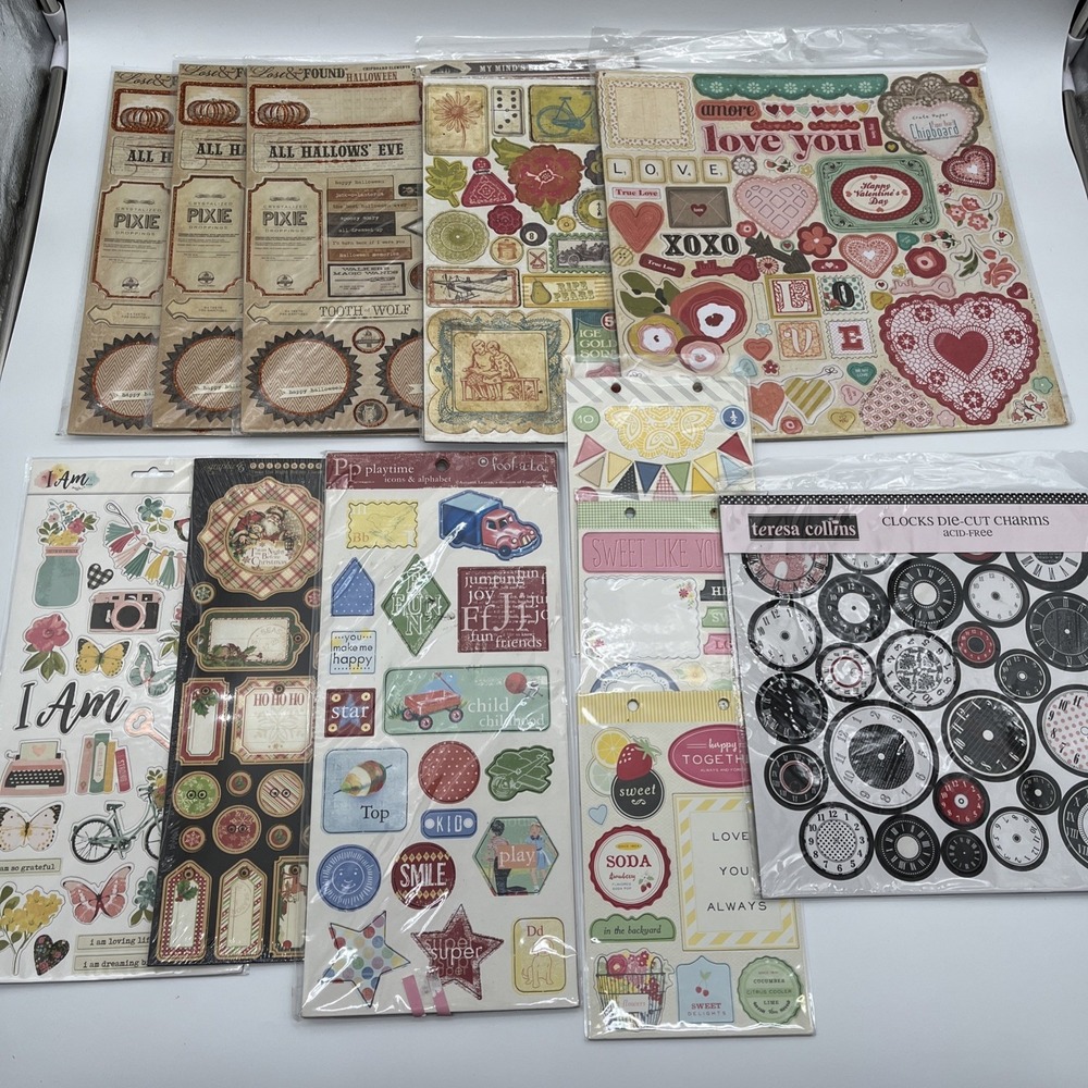 Lot of 12 Scrapbook Chipboard Stickers Embellishments Holiday Love Vintage